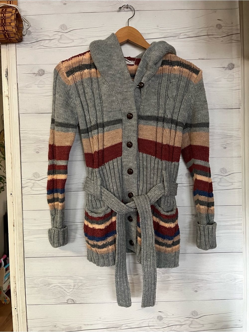 Vtg Ricki’s Cardigan Knit Sweater Striped Hooded Belted Pockets Small